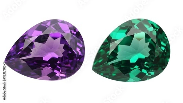 Obraz Two pearcut faceted gemstones, one vibrant purple amethyst and one vivid green tourmaline, isolated on white background
