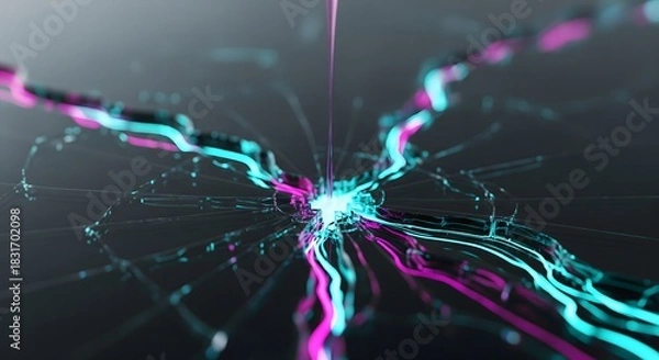 Fototapeta Dynamic network connection with vibrant neon lights spreading out, showcasing modern tech and data flow for innovative solutions and cutting-edge designs