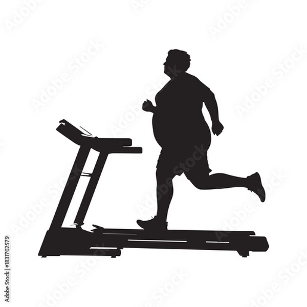 Fototapeta Silhouette of a Plus-Size Person Running Vigorously on an Electric Treadmill.