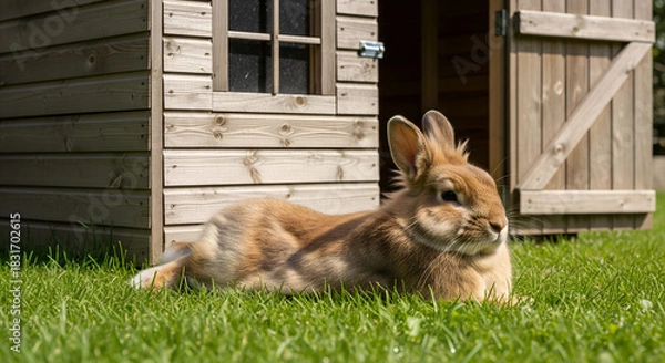 Obraz Brown Rabbit Relaxing on Grass by Wooden Hutch