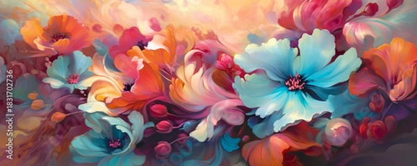 Obraz Abstract floral painting with blue and warm tone blossoms in expressive artistic style