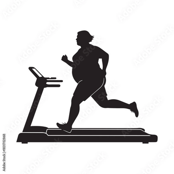 Fototapeta Silhouette of a Plus-Size Person Running Vigorously on an Electric Treadmill.