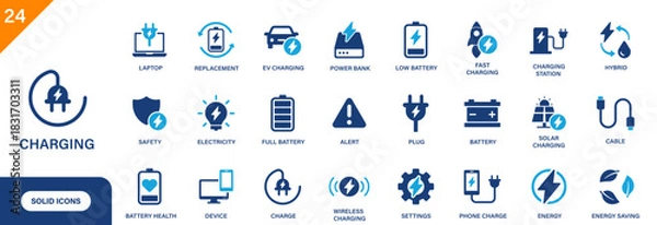 Fototapeta Charging icon. Includes cable, fast charging, EV, phone charge, battery, solar charging. Solid vector icon set.