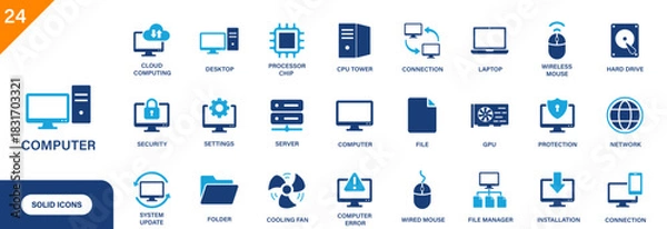 Fototapeta Computer icon. Including desktop, processor chip, cloud computing, hard drive, technology. Solid vector icon set.