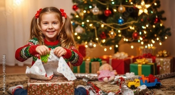 Fototapeta Happy little girl opening a christmas gift under a decorated tree with presents around