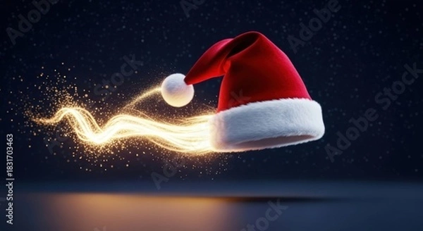 Fototapeta Festive red santa hat with white trim and pompom, glowing with magical sparkles and light trail