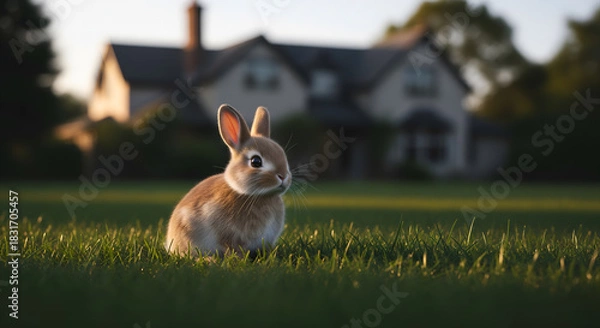 Obraz Baby Rabbit on Grass in Front of Suburban House at Dusk