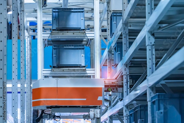 Obraz Automation in the warehouse controls a robot loader Robots sort and move boxes