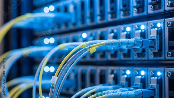 Fototapeta Close up of fiber optic cables and server rack connections in a data center. High speed network communication and internet technology concept.