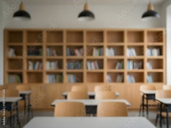 Obraz Blurred view of a classroom with desks and chairs facing a large bookshelf filled with books, illuminated by hanging pendant lights.