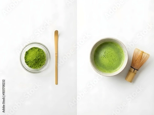 Obraz Overhead shot of matcha tea preparation: powder in a glass bowl, chashaku spoon, whisked tea in a ceramic bowl, and chasen whisk on a white background.