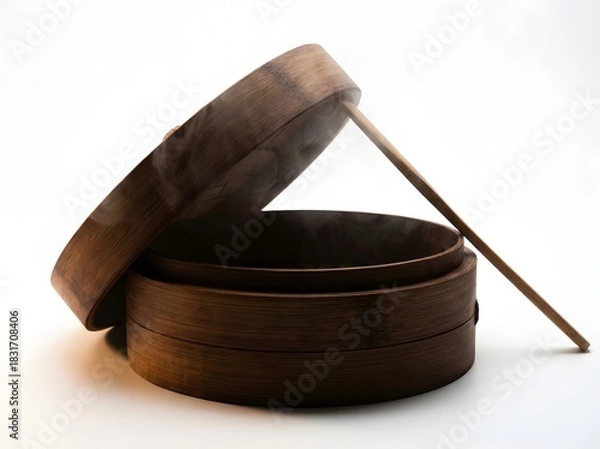 Obraz Steaming hot food in a bamboo steamer with the lid ajar and a chopstick resting against it, against a white background.