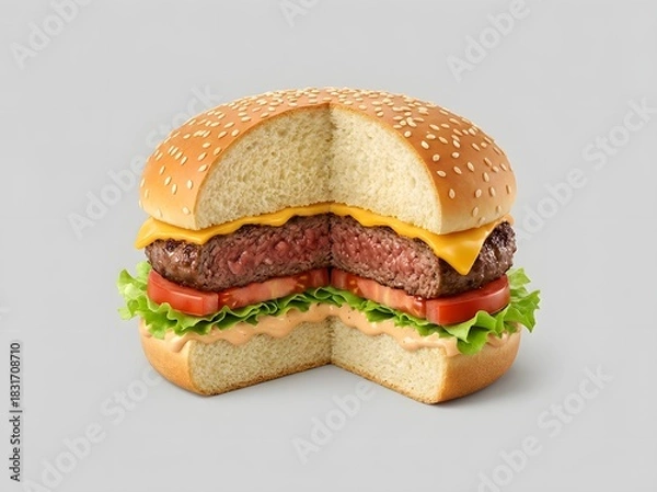Obraz A juicy hamburger is cut in half, revealing the layers of beef patty, cheese, lettuce, tomato, and sauce between sesame seed buns.
