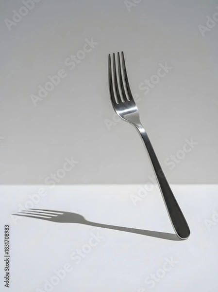 Obraz A single, shiny metal fork casts a long shadow on a white surface.