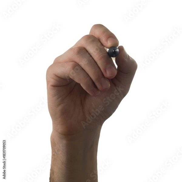 Obraz A hand holding a pen or stylus, positioned as if writing or drawing on a transparent surface, against a white background.