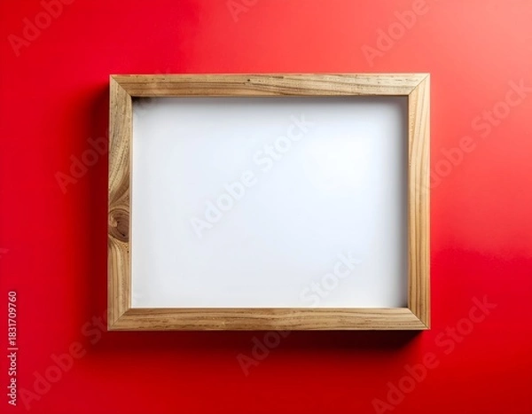 Obraz A rectangular wooden picture frame with a blank white center is mounted on a vibrant red wall, casting subtle shadows.