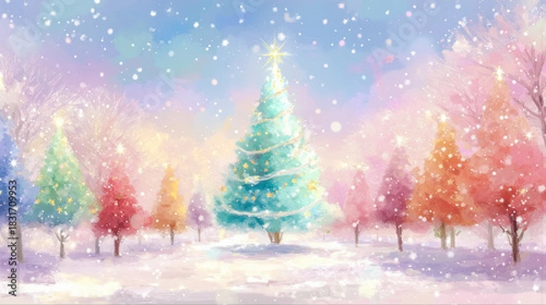 Obraz 雪の舞うパステルカラーの幻想的な森と輝くクリスマスツリーのイラスト