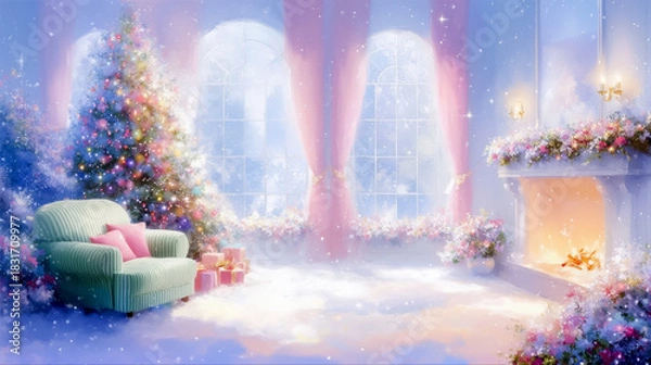 Obraz 幻想的な雪の積もった部屋にあるクリスマスツリーと暖炉とソファの風景