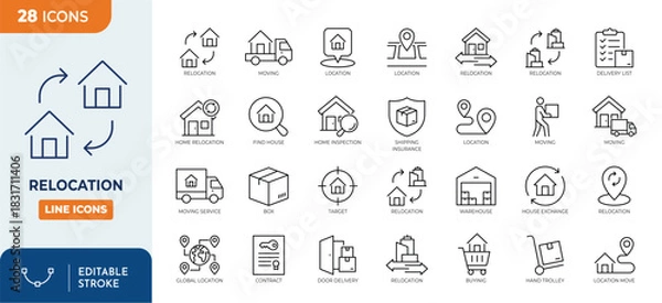 Obraz Relocation line editable icon set. Outline Icon Collection. Editable stroke. Vector illustration	