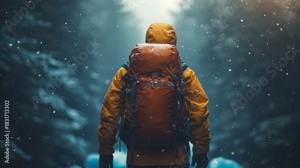 Fototapeta A lone hiker walks through a snowy forest, immersed in a mystical atmosphere with dancing snowflakes