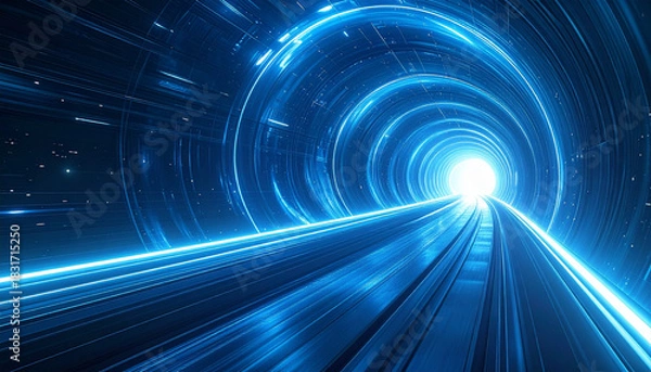 Obraz 青い光のトンネルが続く未来的空間