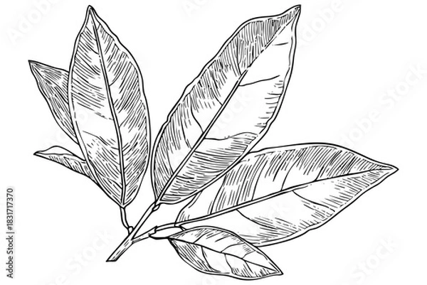 Fototapeta Botanical illustration of leaves with detail sketch art. Hand drawn of leaves branch design graphic, isolated elements for decorative concept.