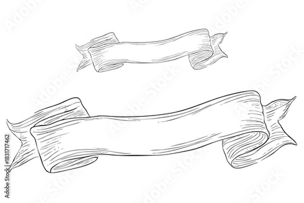 Fototapeta Hand drawn ribbon banner. Retro scroll label with decorative elements, illustration. Vintage sketch engraving style for decoration.