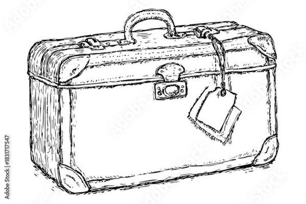 Fototapeta Outline drawing sketch of vintage suitcase, luggage or baggage, trunk. Classic with tag. Graphic travel equipment element. Baggage and transport object.