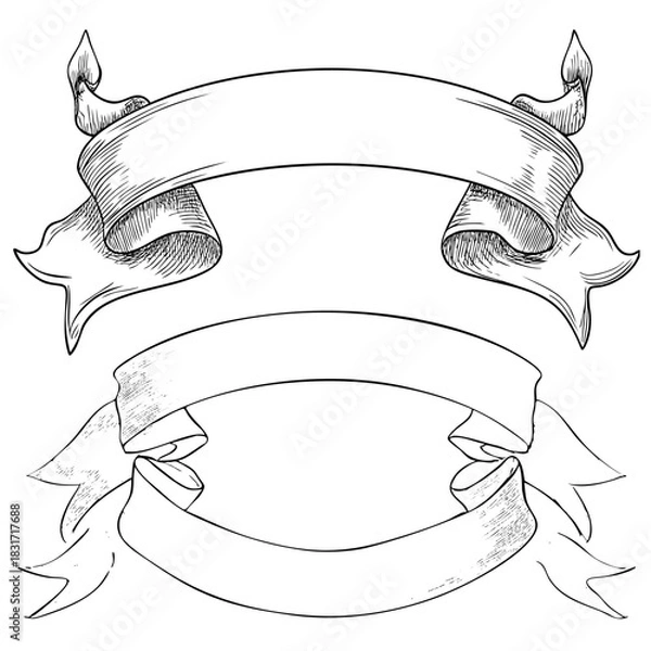 Fototapeta Assortment of ribbon banner sketch. Isolated design element, vintage style illustration. Vector art with blank space template