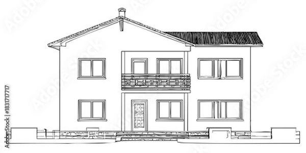 Fototapeta Modern house exterior plan sketch. Architectural structure, villa design. Residential building vector art illustration outline blueprint