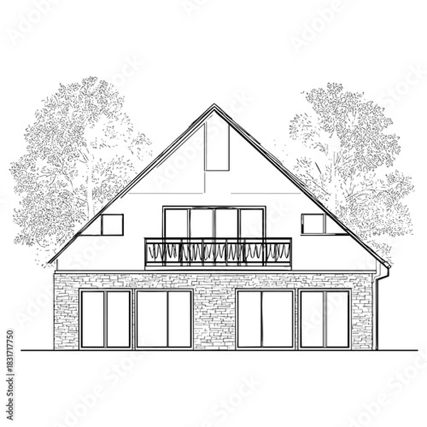 Fototapeta Modern house exterior sketch. Architectural structure, villa design. Residential building vector art illustration with tree outline