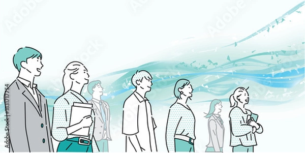 Obraz スタートアップのイメージイラストービジネスパーソンー明るい未来を夢見る男女ー白バックイラスト素材