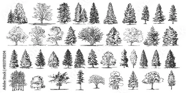 Fototapeta Collection of hand drawn pine trees botanical nature trees on white background forest sketch of landscape with trees