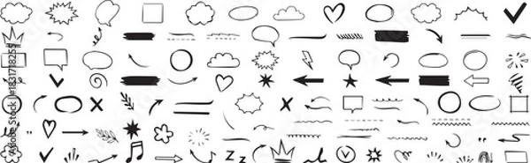 Obraz Scribble doodle underline emphasis line shape set. Hand drawn brush stroke elements line