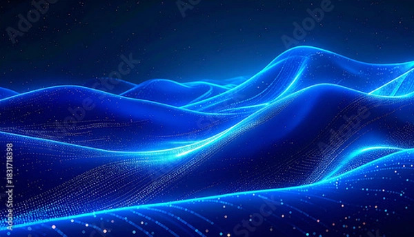 Obraz 青い粒子の波が優雅に流れる深い夜空の抽象背景