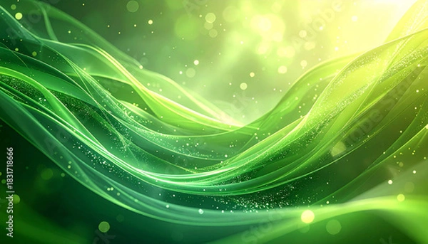 Obraz 深い緑と黄緑の光が交差する波状の抽象背景
