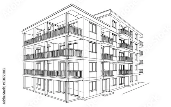 Fototapeta Modern apartment building architectural wireframe design in black and white