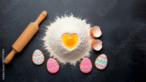 Obraz Easter decorations: gingerbread in the form of Easter eggs, fresh flour with a broken raw egg in the shape of a heart. We are preparing for Easter, cooking cakes