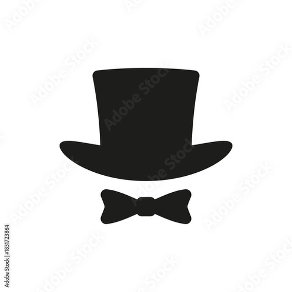 Obraz Top hat icon with bow tie. Cylinder hat. Vector silhouette and illustration on a white background.