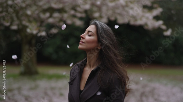 Obraz Woman Walking Through Falling Cherry Blossoms