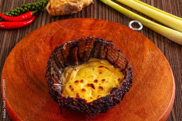 Fototapeta Baked sea urchin with cheese and egg