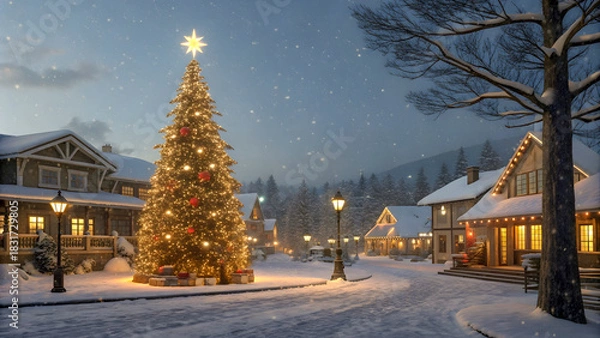 Obraz Festive christmas tree illuminates a snow covered village street at dusk with warm lights
