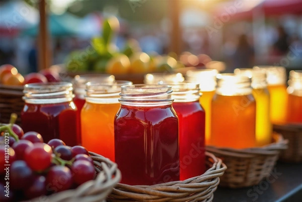 Fototapeta Colorful homemade fruit preserves and jams in glass jars at farmers market. Traditional canning with grape, orange and berry conserves for natural organic food storage and healthy eating lifestyle.