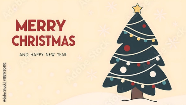 Obraz Merry christmas greeting with a decorated evergreen tree and festive lights