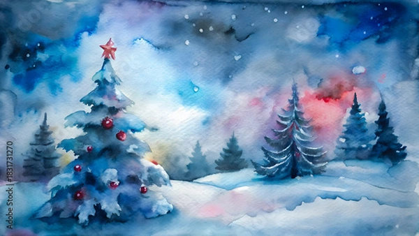 Obraz Whimsical watercolor painting of a decorated christmas tree in a snowy forest at dusk