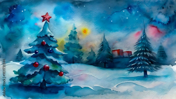 Obraz Whimsical watercolor christmas tree in snowy forest with glowing lights and presents