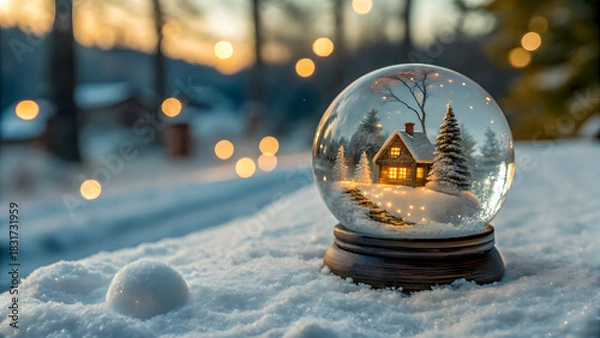 Obraz Magical winter snow globe with cozy cabin and twinkling lights in snowy landscape