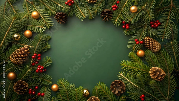 Obraz Festive christmas wreath with pine cones and golden ornaments on a dark green background