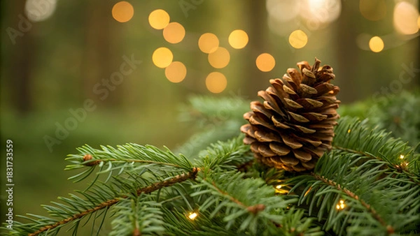 Obraz Close up of a single pine cone on a green fir tree branch with blurred warm christmas lights in the background