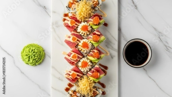 Fototapeta Assorted fresh sushi platter with condiments on marble